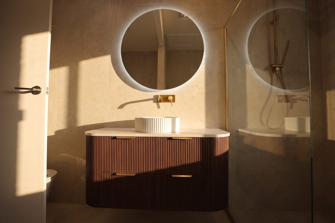Romani St bathroom walnut fluted wall-hung vanity